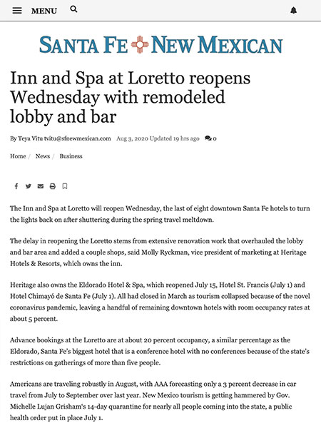  Inn and Spa at Loretto reopens Wednesday with remodeled lobby and bar | Santa Fe New Mexican August 2020