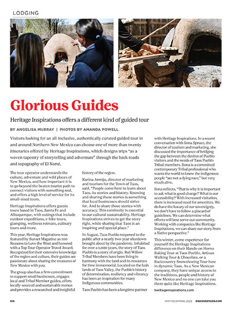Glorious Guides: Heritage Inspirations offers a different kind of guided tour | Discover Taos Magazine Winter/Spring 2023