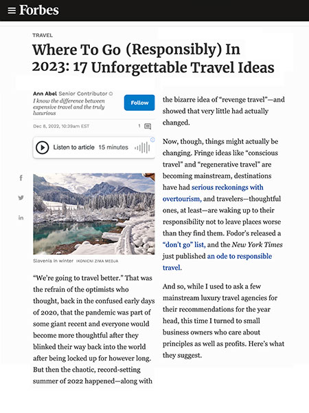 Where To Go (Responsibly) In 2023: 17 Unforgettable Travel Ideas | Forbes.com December 2022